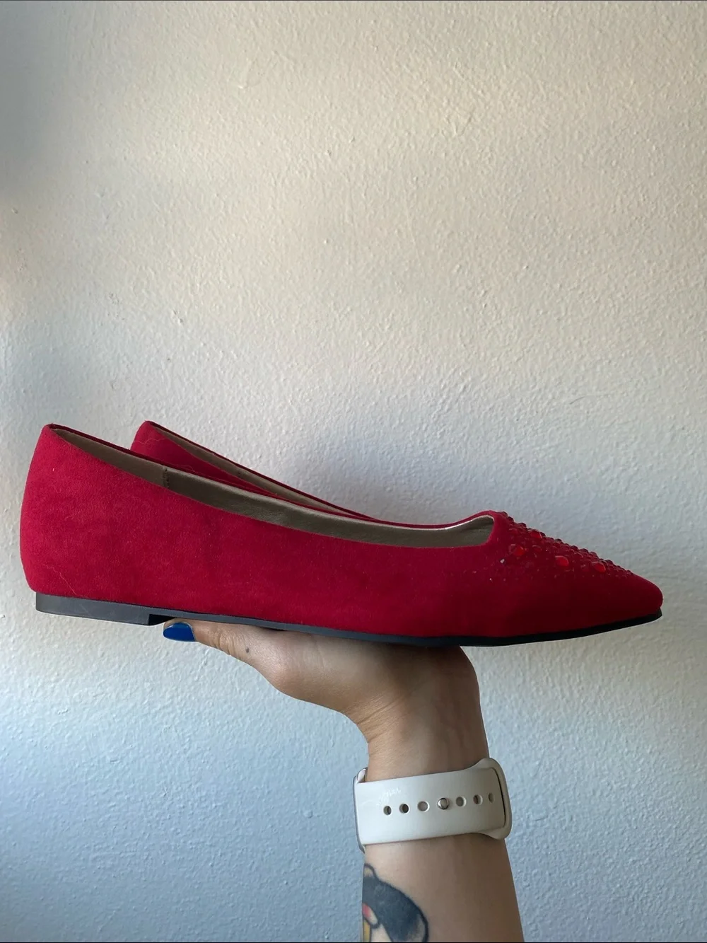 CL by Laundry Red Pointed Toe Crystal-Embellished Flats